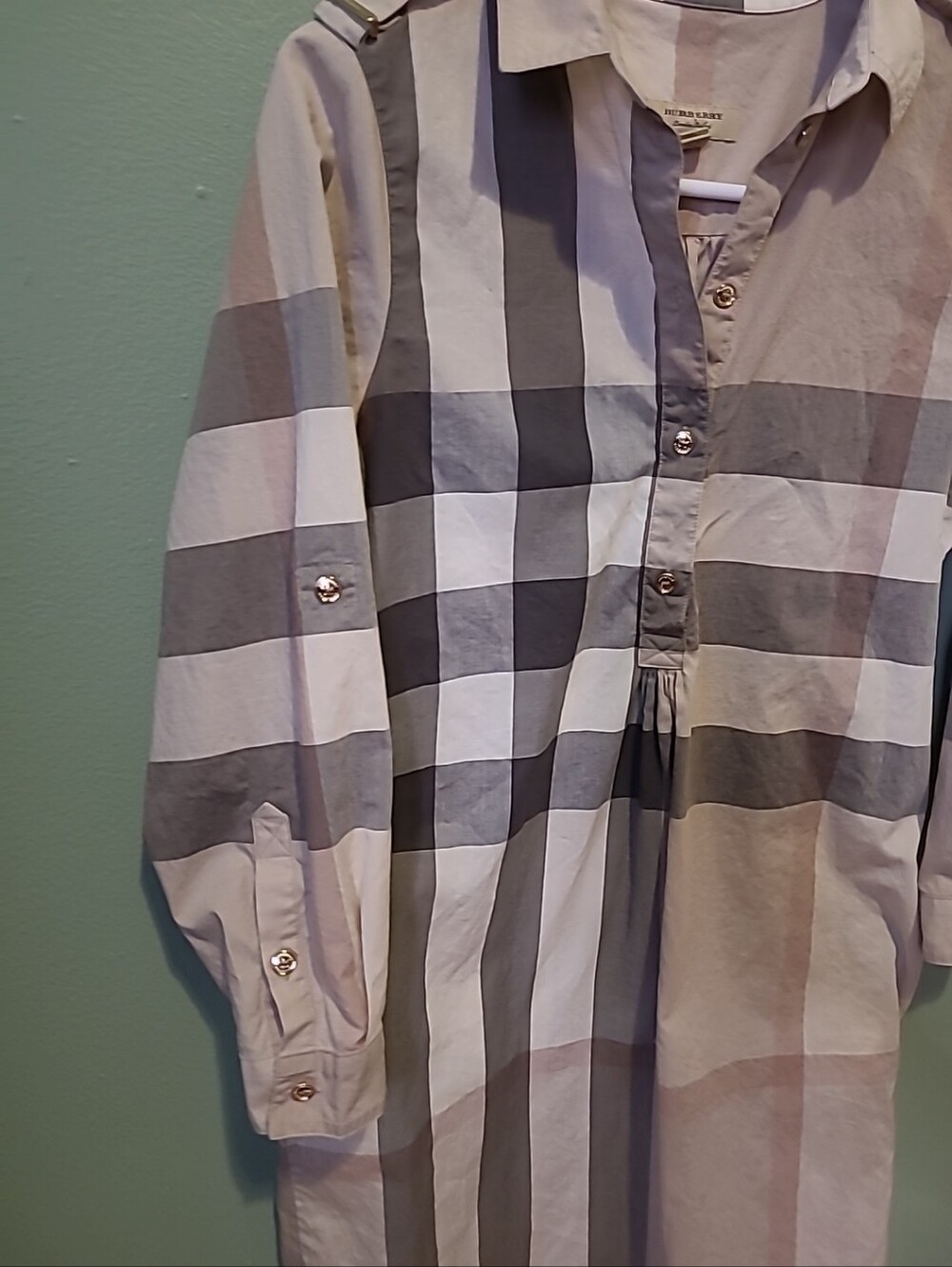 Burberry Checkered Beige Cotton Shirt Dress No Belt Size 2 - Picture 2 of 16